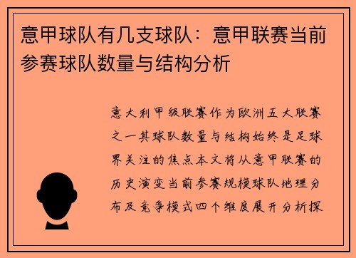 意甲球队有几支球队：意甲联赛当前参赛球队数量与结构分析