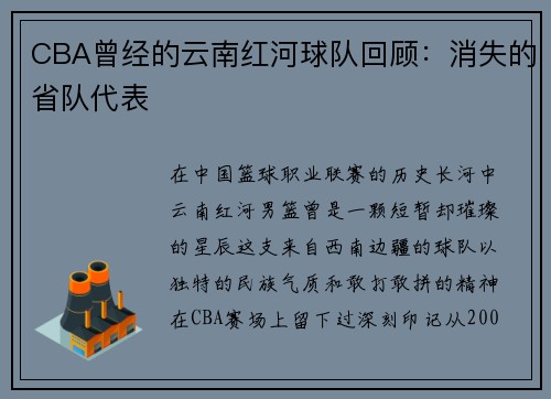 CBA曾经的云南红河球队回顾：消失的省队代表